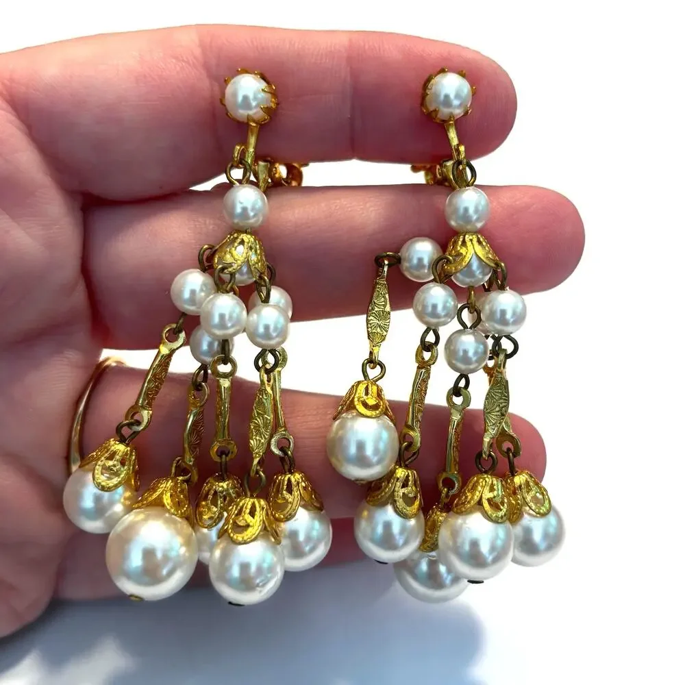 Clip on earrings chandeliers vintage Japan faux pearls gold tone filigree style